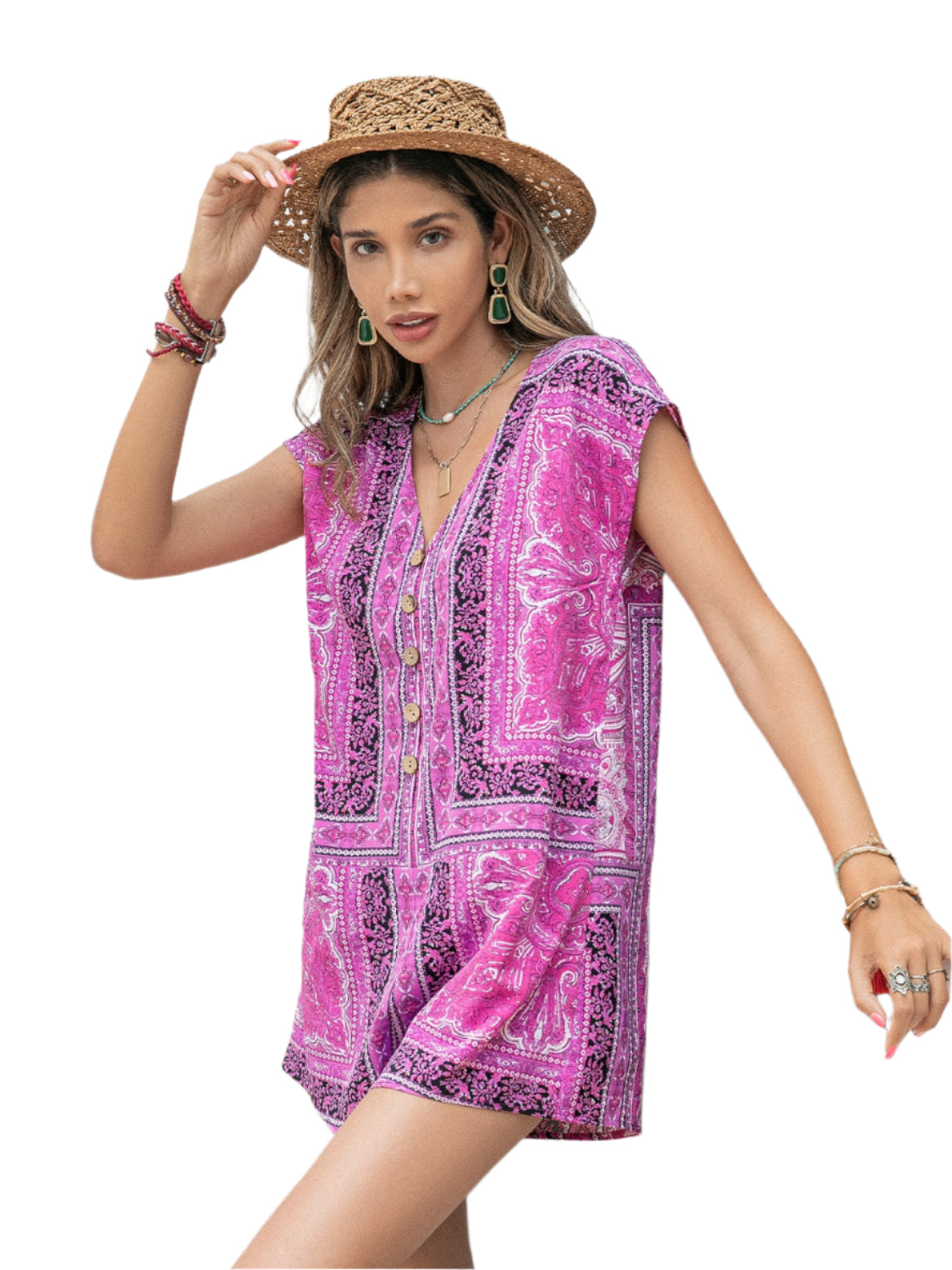 Printed V-Neck Cap Sleeve Romper