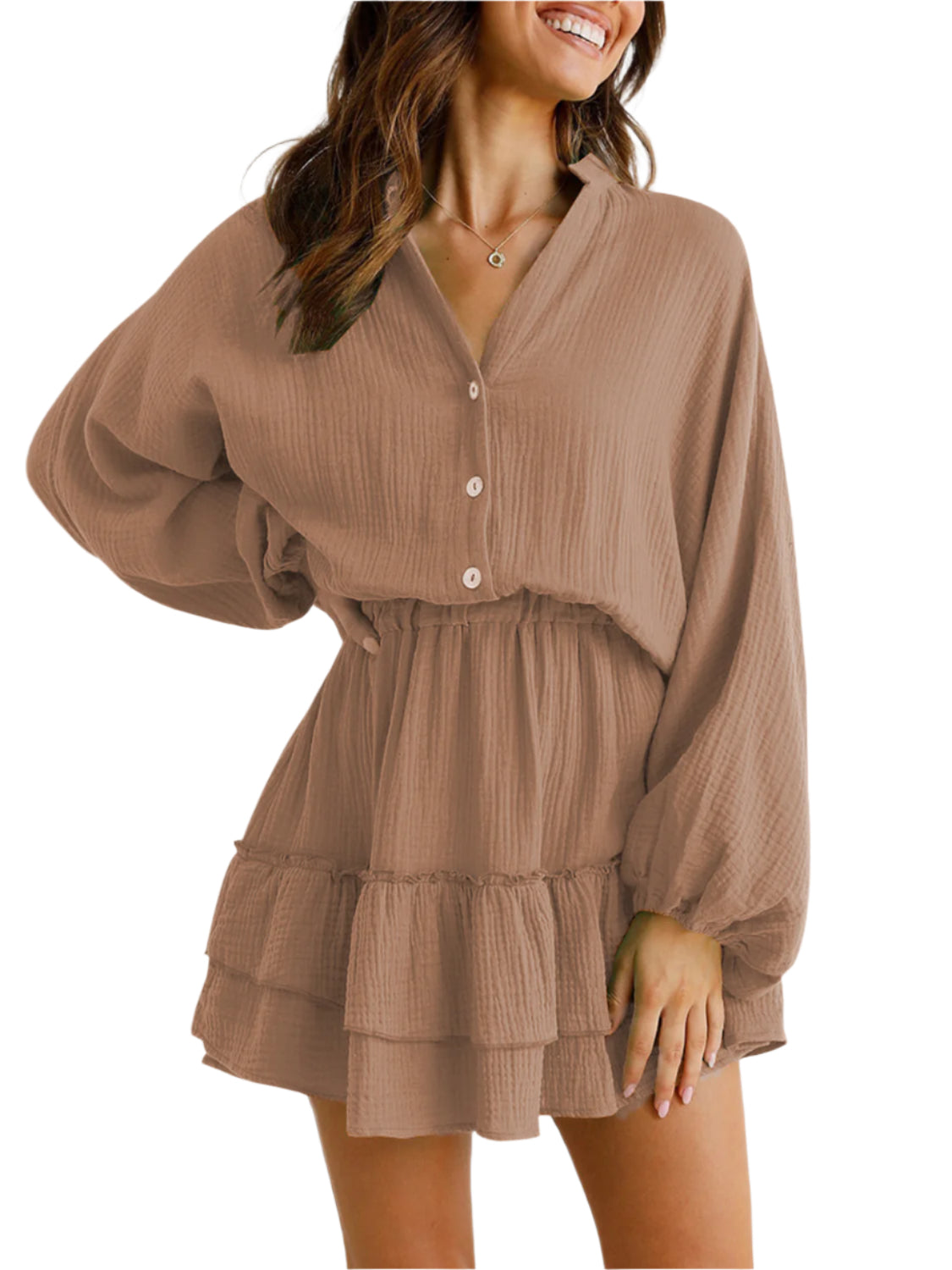 Ruffled Notched Balloon Sleeve Mini Dress
