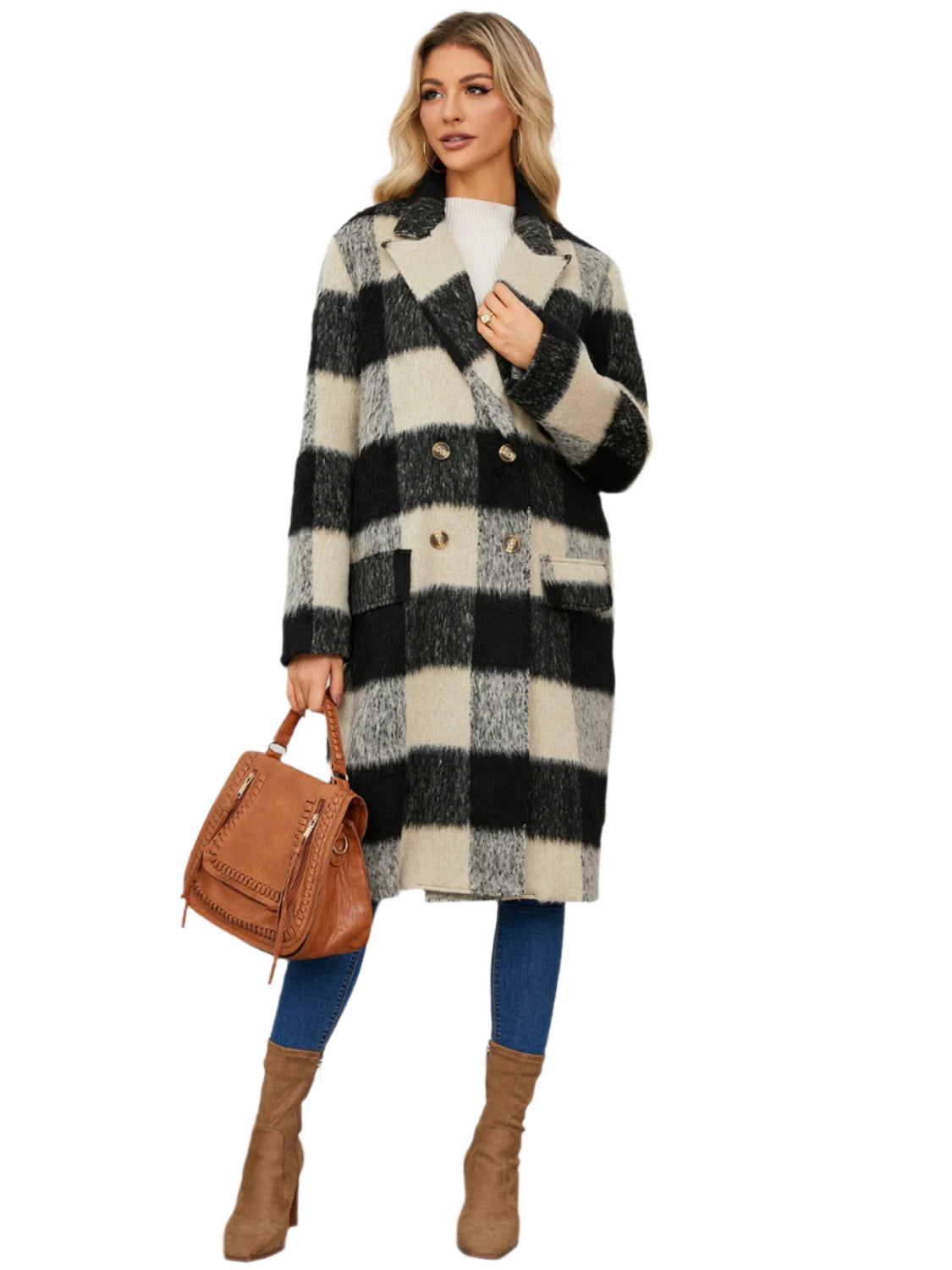 Plaid Double-Breasted Long Sleeve Coat