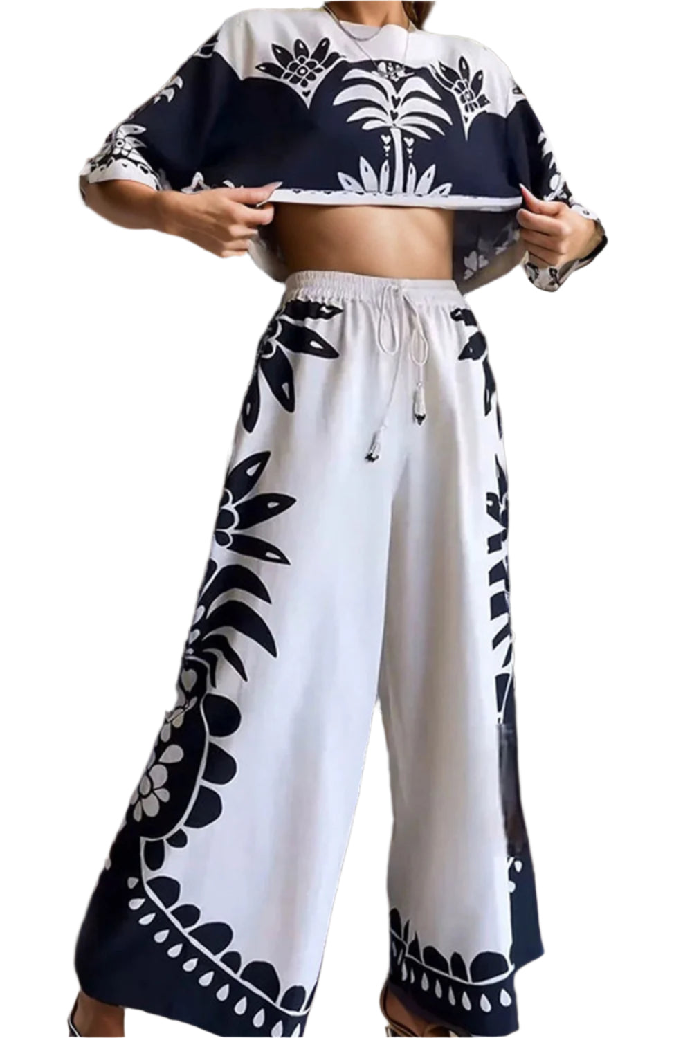 Printed Half Sleeve Top and Wide Leg Pants Set