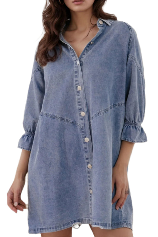 Distressed Collared Neck Flounce Sleeve Denim Dress