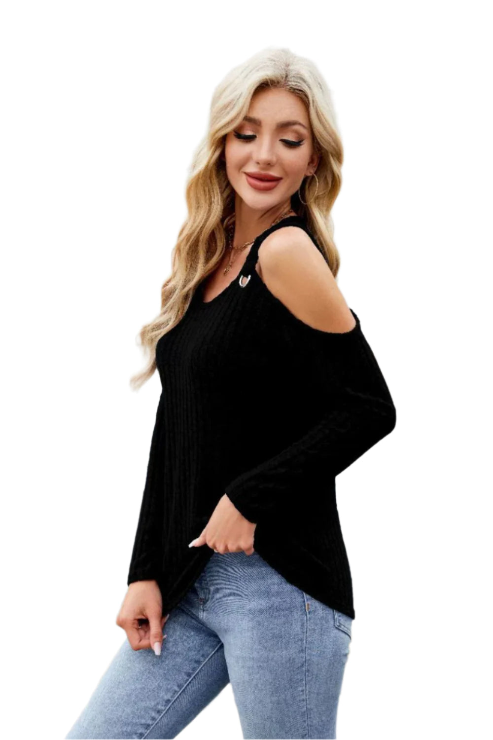 Ribbed Cold Shoulder Long Sleeve Top