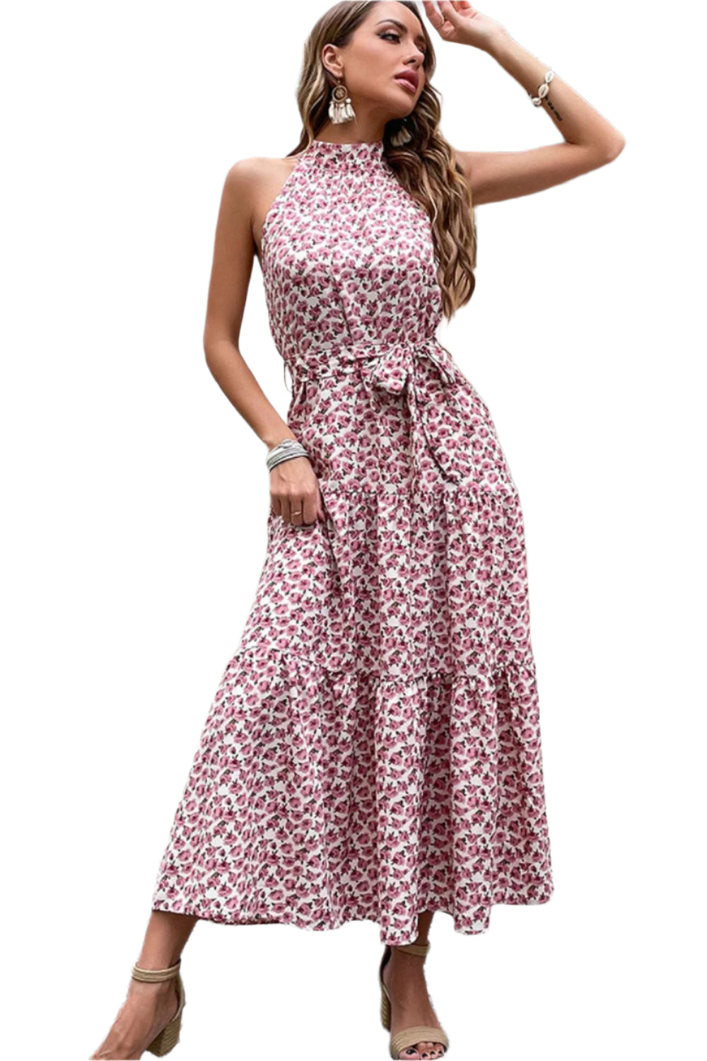 Perfee Floral Tie-Waist Tiered Dress