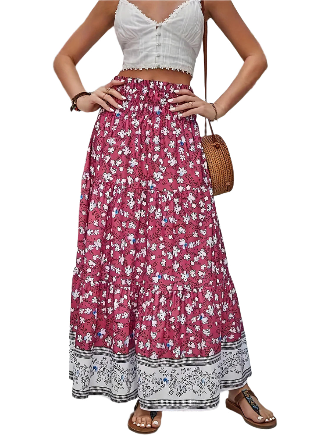 Full Size Tiered Printed Elastic Waist Skirt