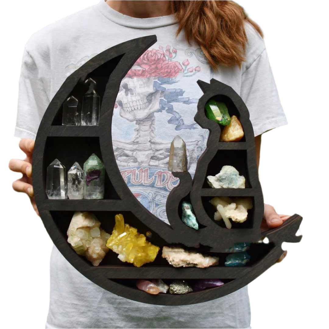 Cat on Moon Or Black Cat Wooden Crystal Display Shelf