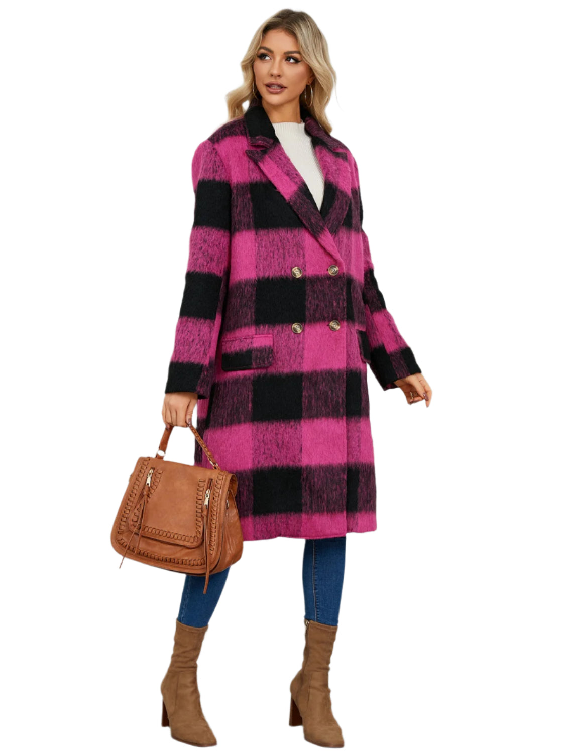 Plaid Double-Breasted Long Sleeve Coat
