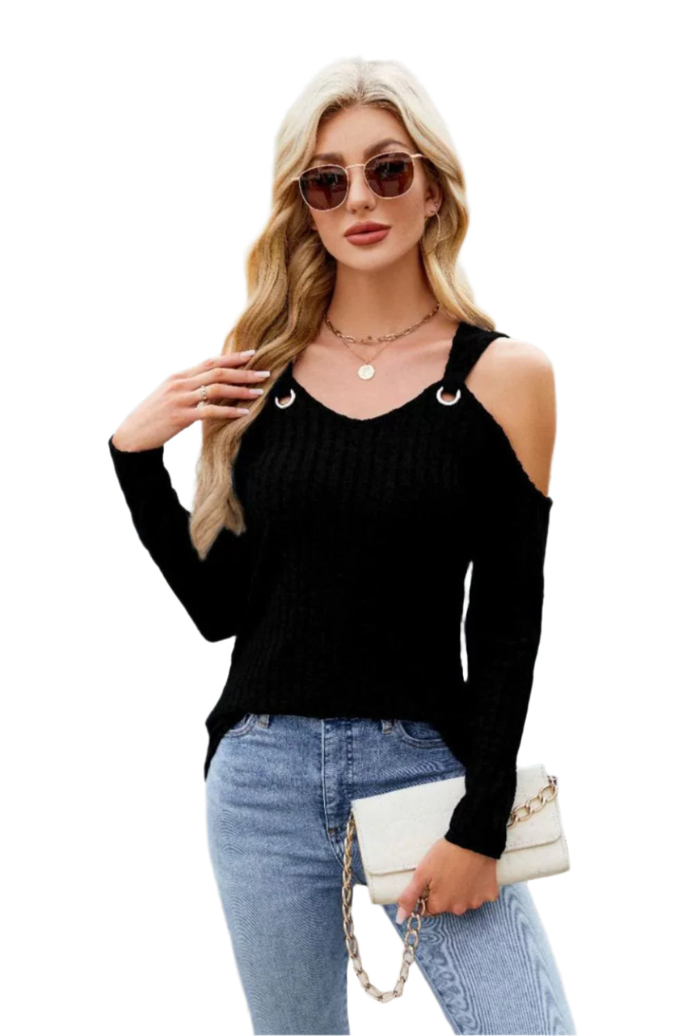 Ribbed Cold Shoulder Long Sleeve Top