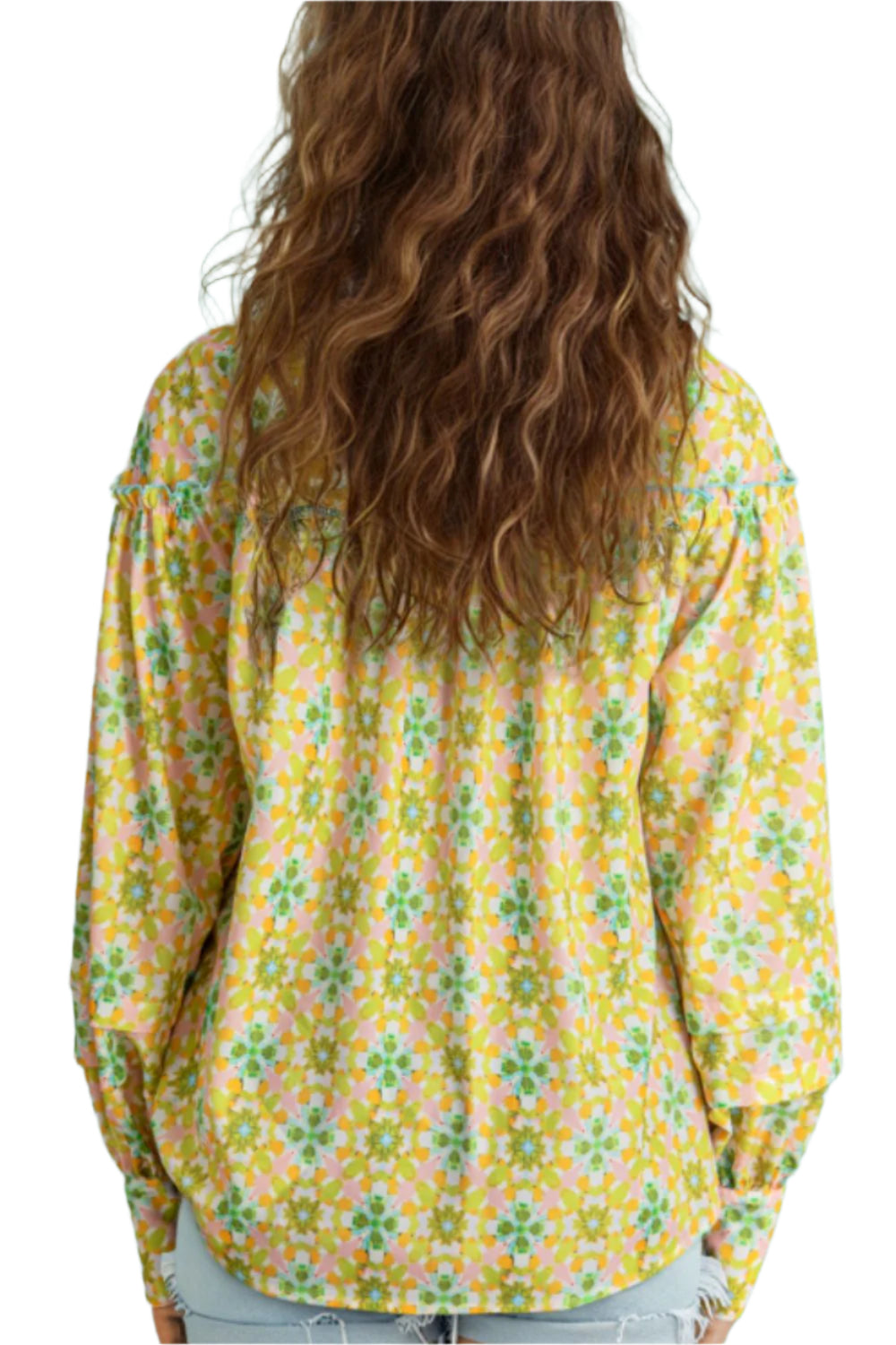 Frill Printed Collared Neck Long Sleeve Blouse