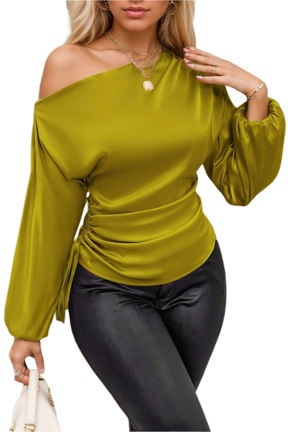 Drawstring One Shoulder Long Sleeve Blouse