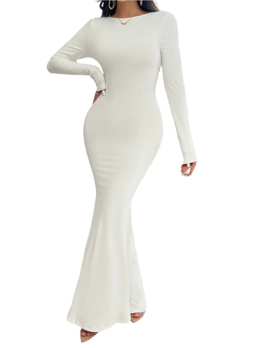 Devine Backless Round Neck Long Sleeve Maxi Dress