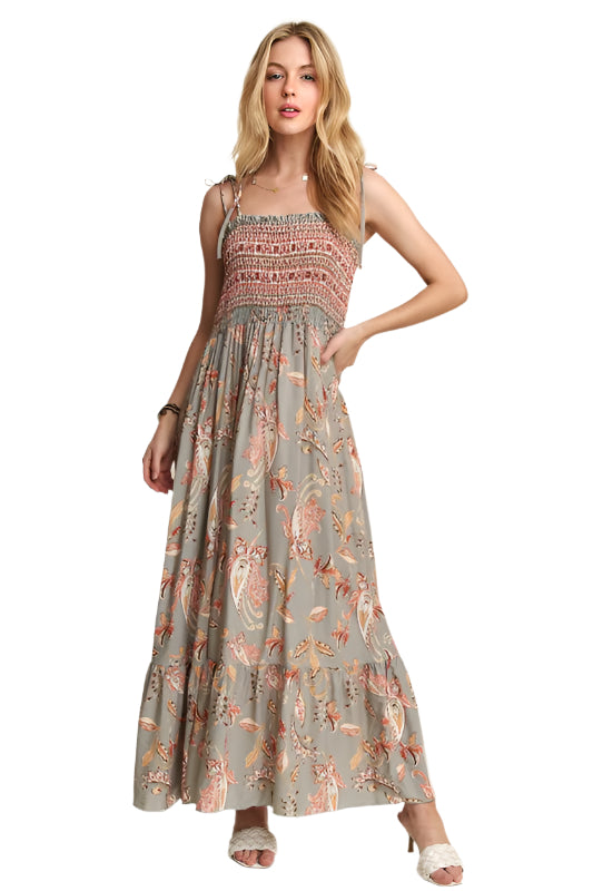 ADORA Smocked Printed Square Neck Tie Shoulder Cami Dress