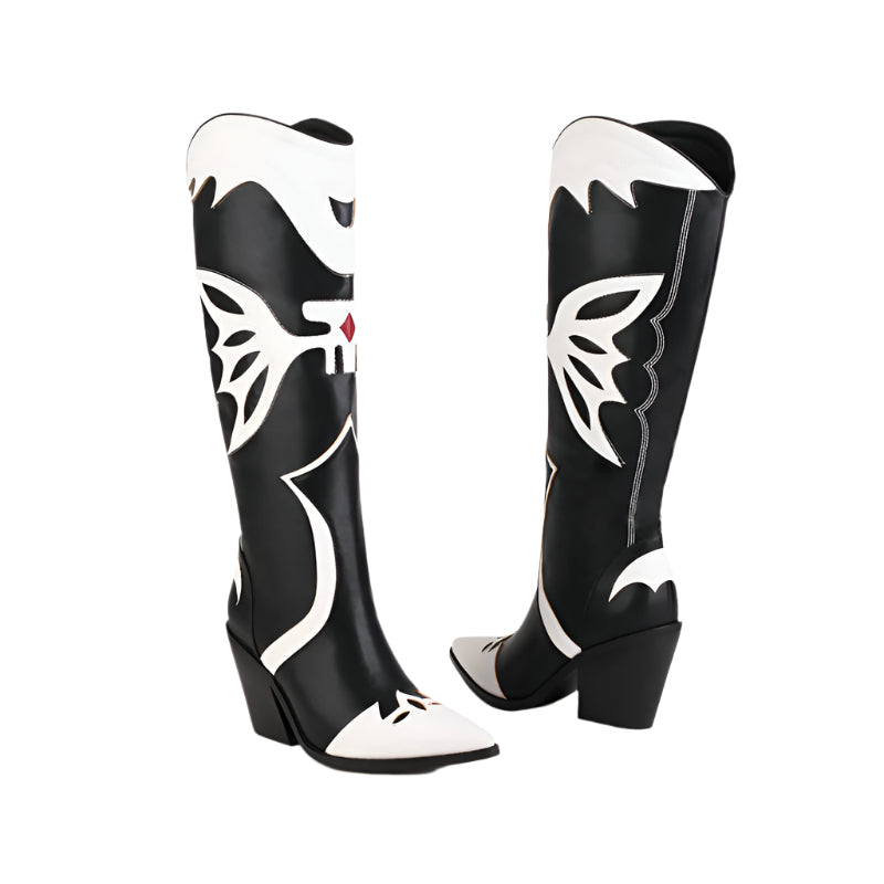 Black and White PU Leather Cowboy Boots