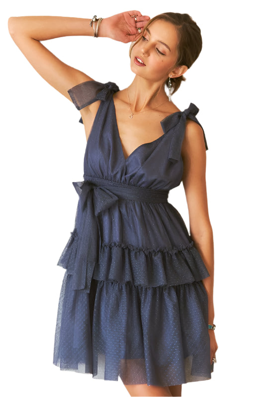 ADORA Tie Shoulder Polka Dot Mesh Dress