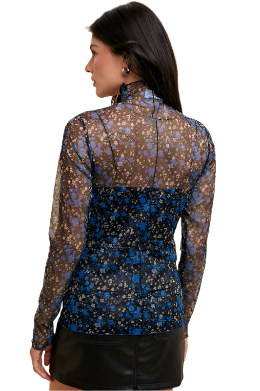 Annie Wear Floral Lettuce Hem Sheer Mesh Top