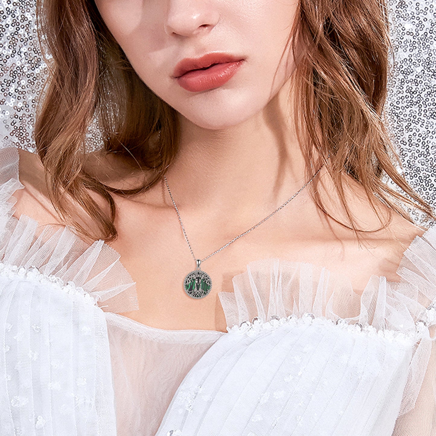 Ask and Embla in Yggdrasil Pendant 925 Sterling Silver Necklace with Malachite or Moonstone Crystal