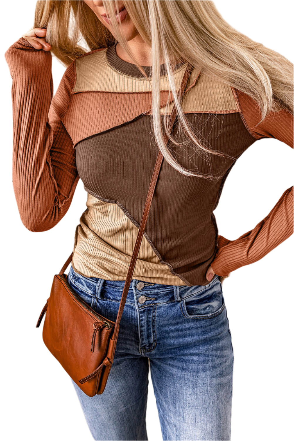 Exposed Seam Contrast Round Neck Long Sleeve T-Shirt