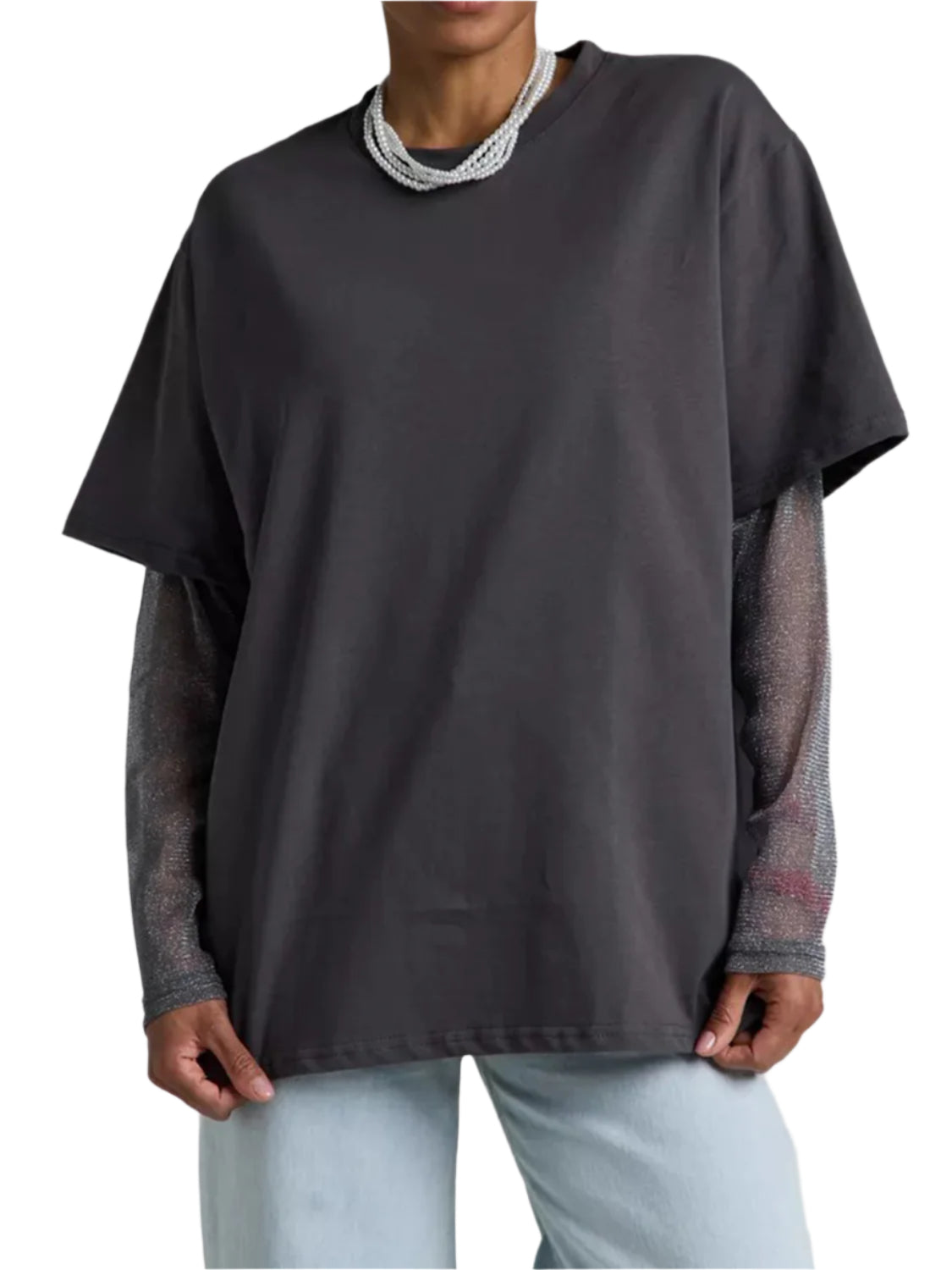 Faux Layered Round Neck Mesh Sleeve Top