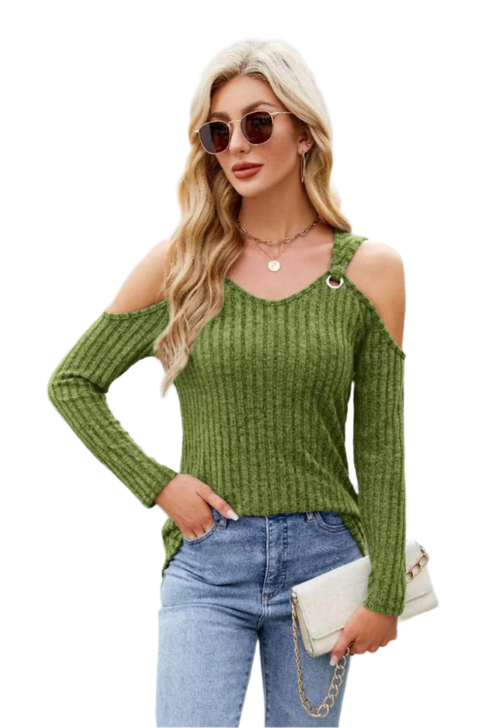 Ribbed Cold Shoulder Long Sleeve Top