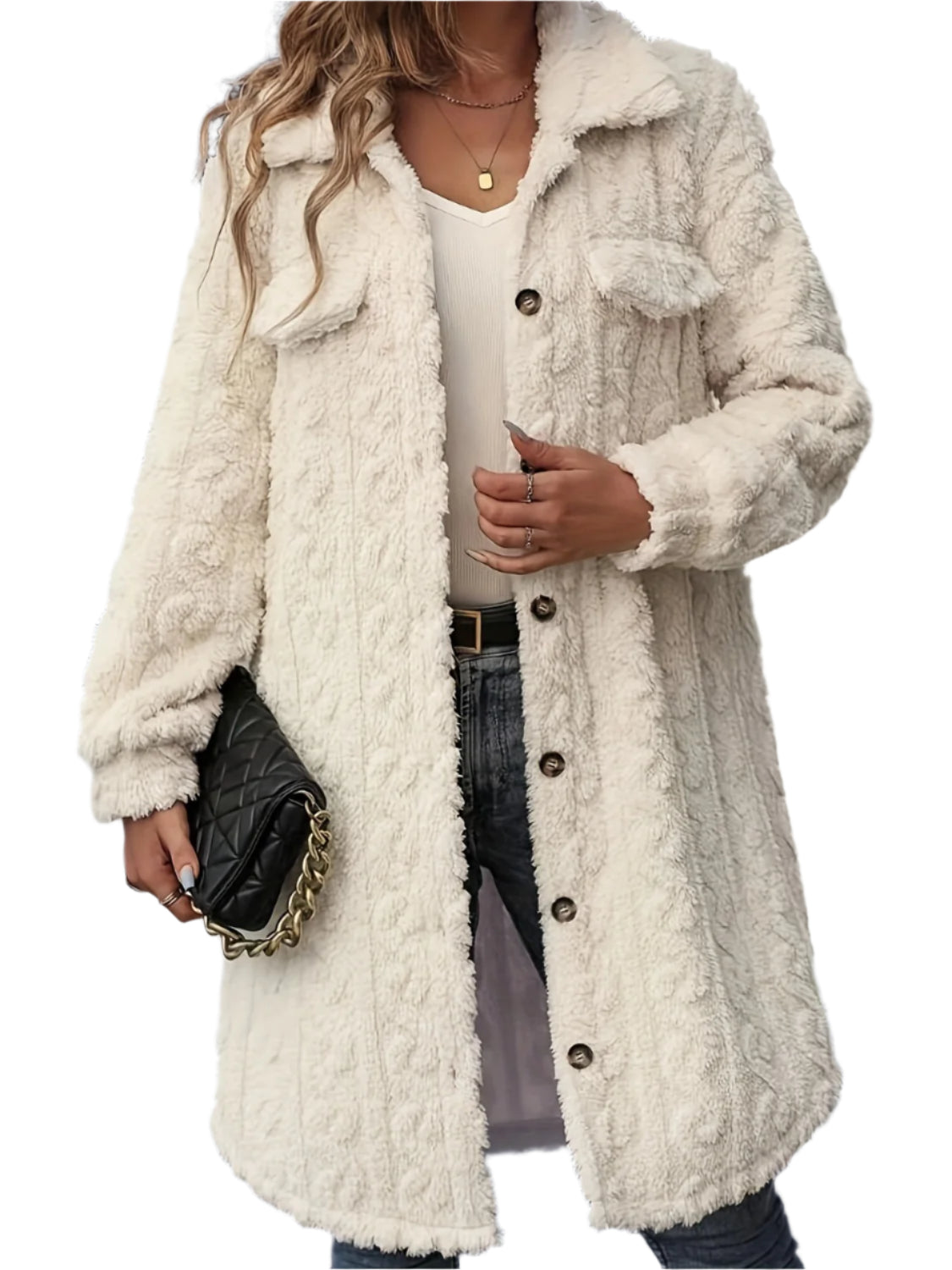 Fuzzy Button Up Long Sleeve Longline Coat