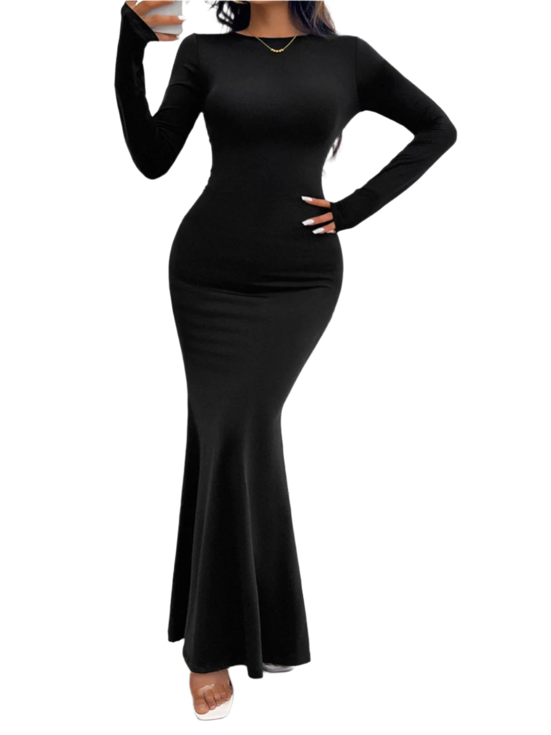 Devine Backless Round Neck Long Sleeve Maxi Dress