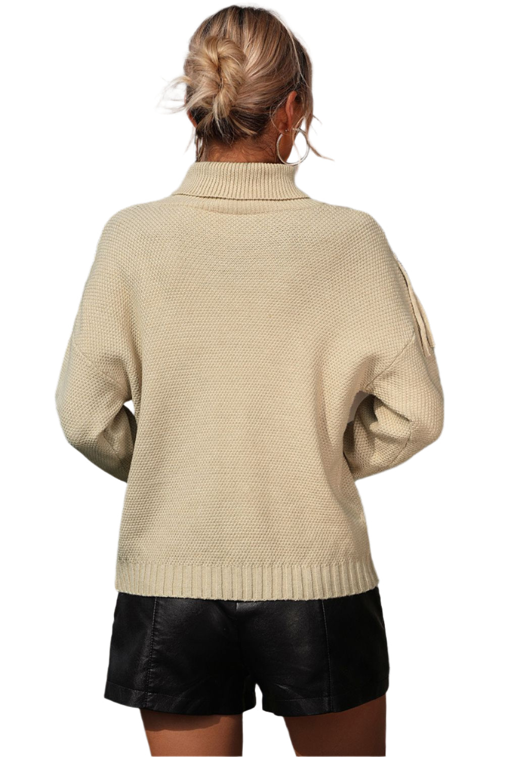 Turtle Neck Tassel Front Long Sleeve Pullover Sweater