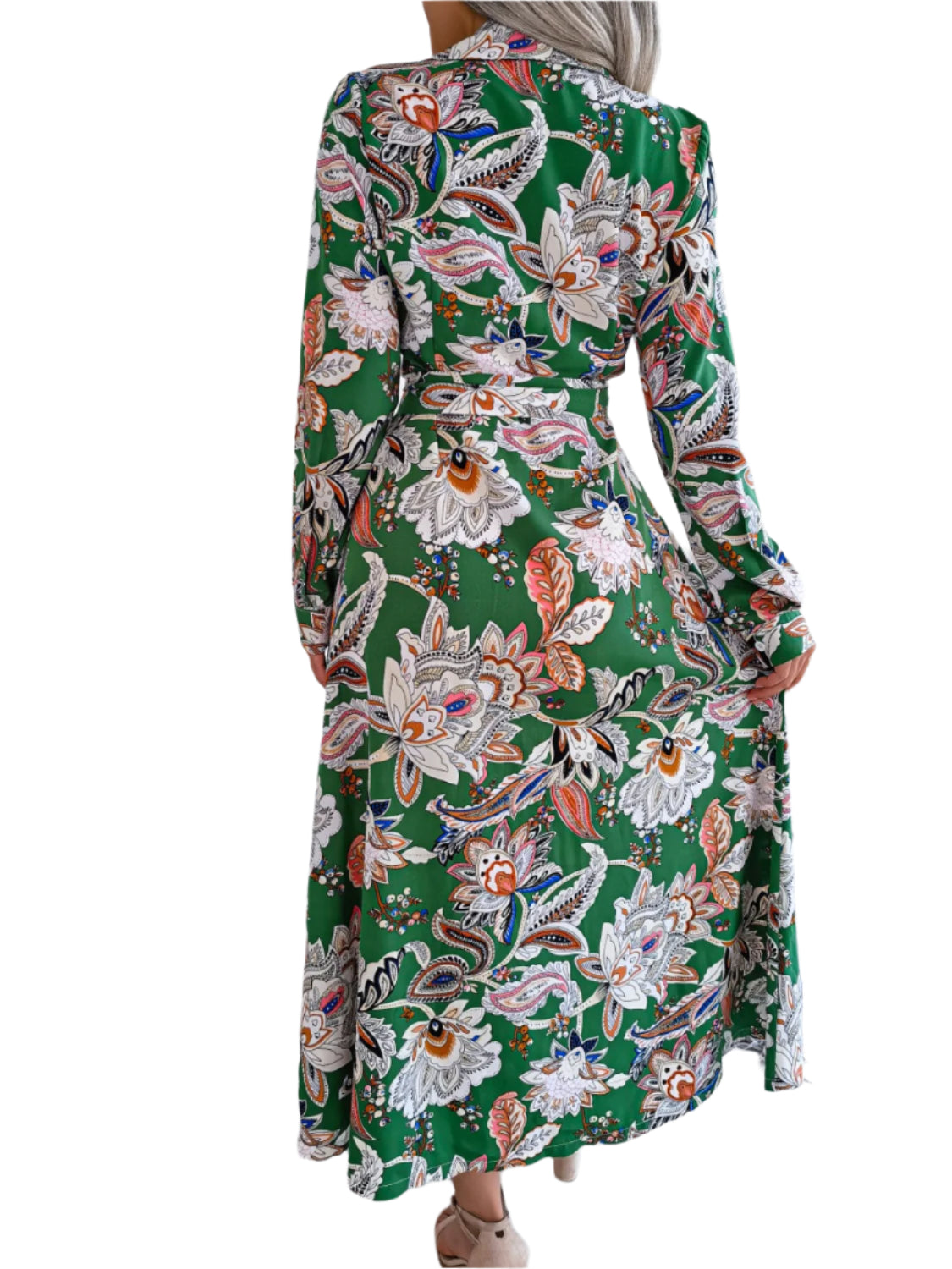 Tied Printed Long Sleeve Midi Dress