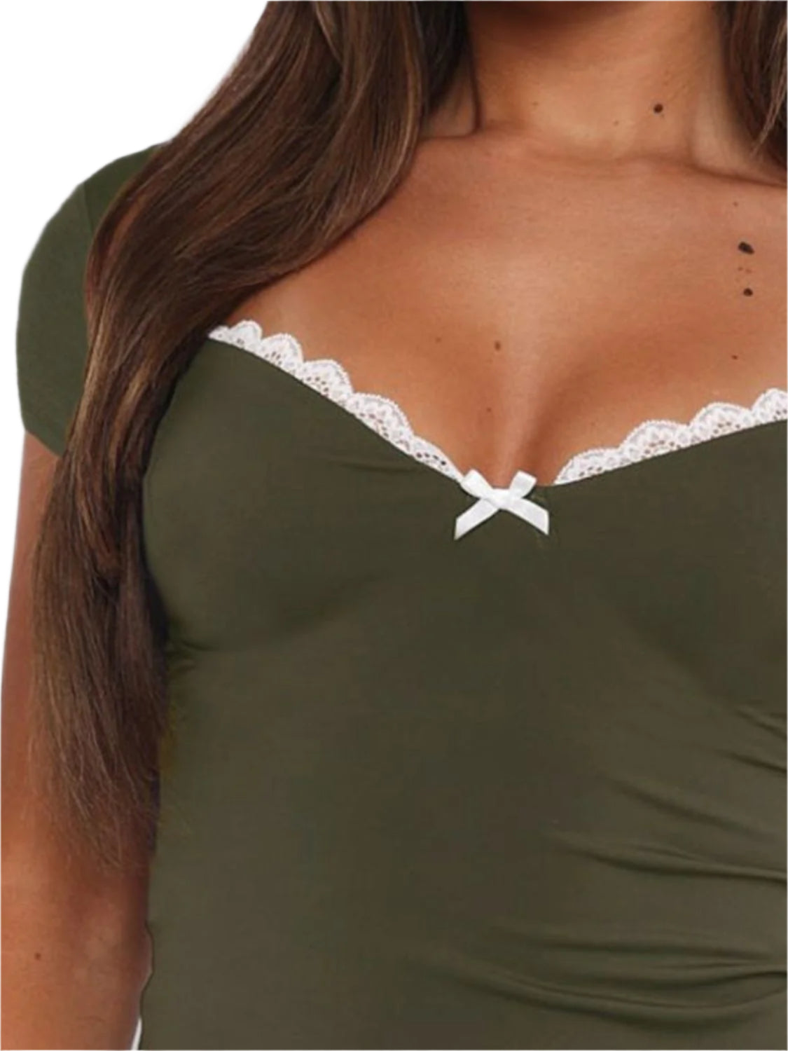 Lace Detail Sweetheart Neck Short Sleeve T-Shirt