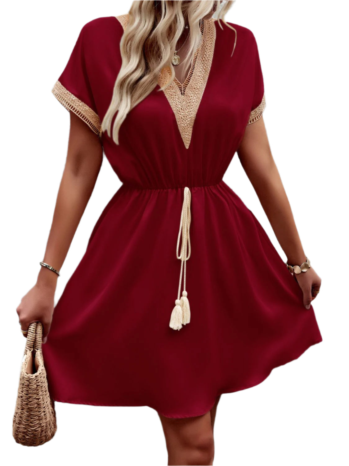 Devine Contrast Trim V-Neck Short Sleeve Mini Dress