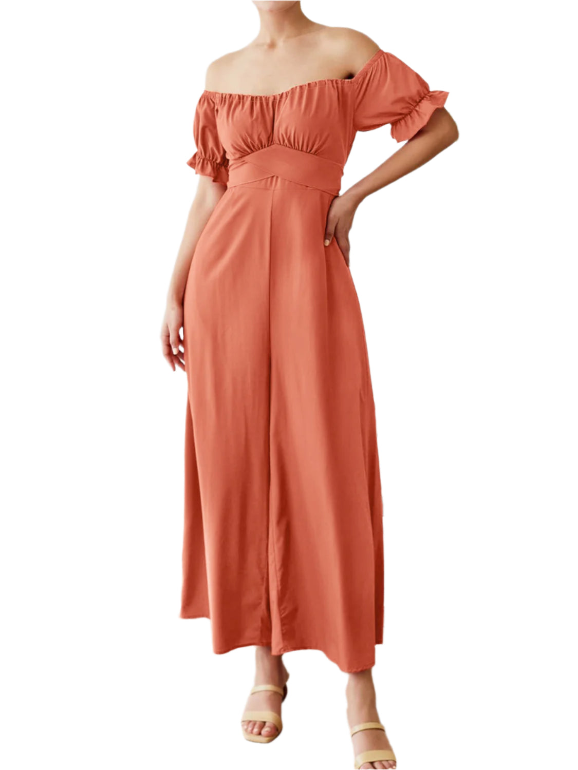 Off-Shoulder Short Sleeve Wide Leg Jumpsuit