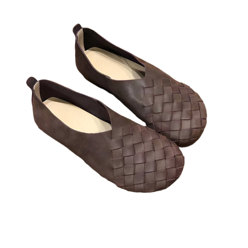 Round Toe Woven Cowhide Leather Flat Shoes