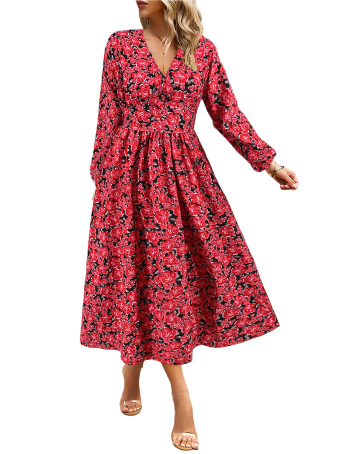 Floral V-Neck Long Sleeve Midi Dress