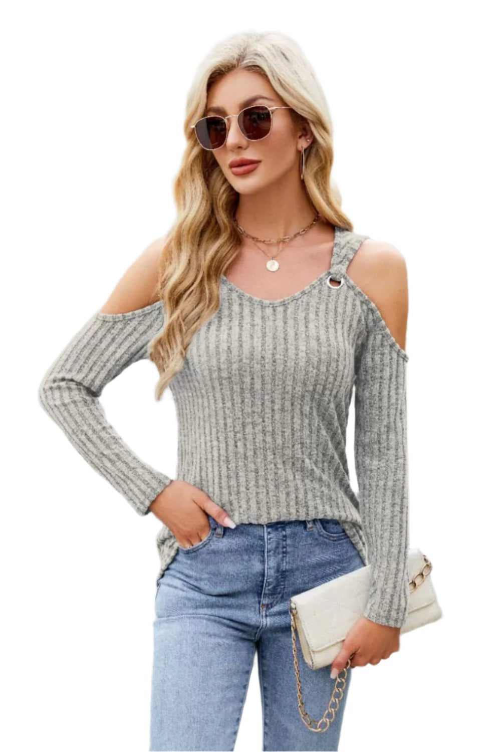 Ribbed Cold Shoulder Long Sleeve Top