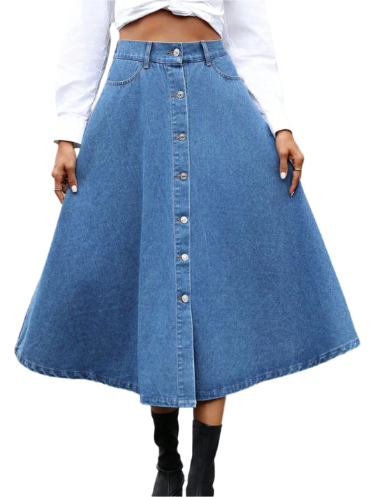 Buttoned Midi Denim Skirt with Pockets