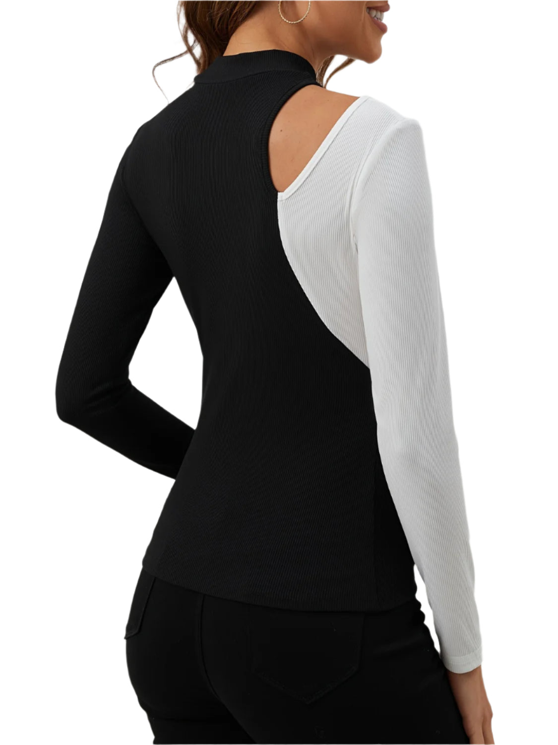 Cutout Contrast Mock Neck Long Sleeve T-Shirt