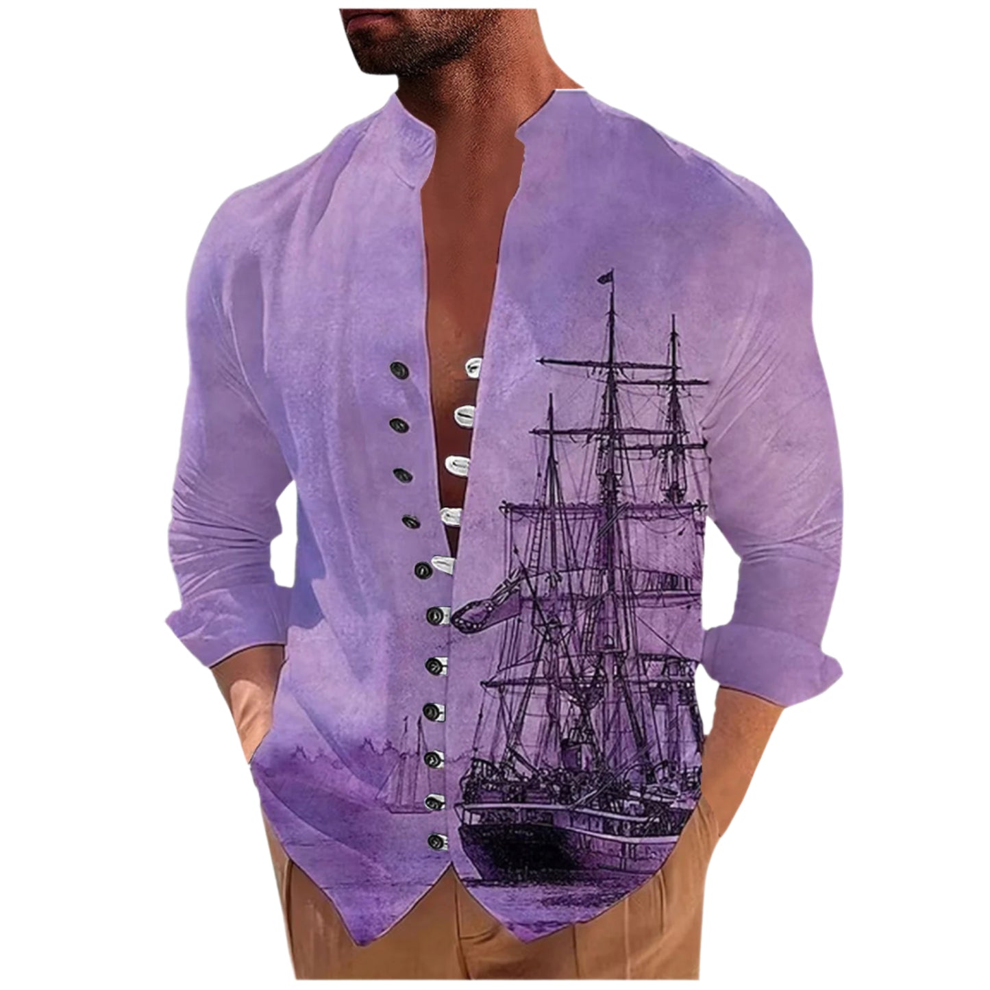 Men's 3D Vintage Print Long Ship Collard Long Sleeve Button Down Shirt