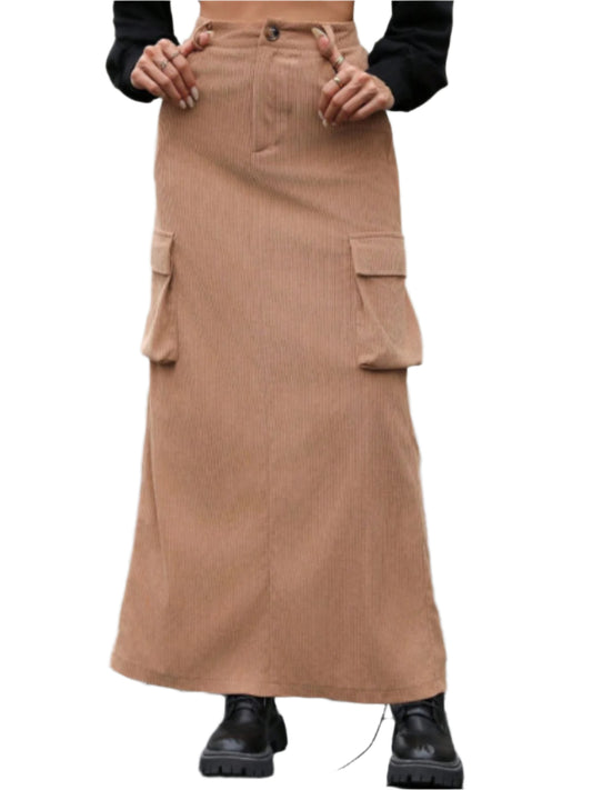 Slit Corduroy Maxi Skirt with Pockets