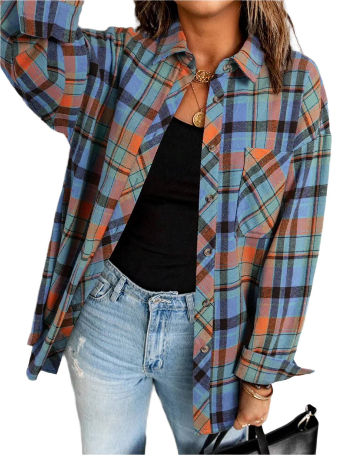Plaid Collared Neck Long Sleeve Shirt