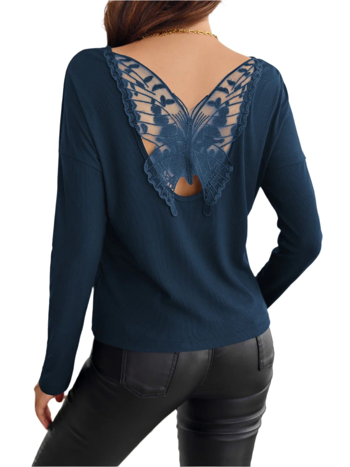 Lace Detail Butterfly Back Round Neck Long Sleeve T-Shirt