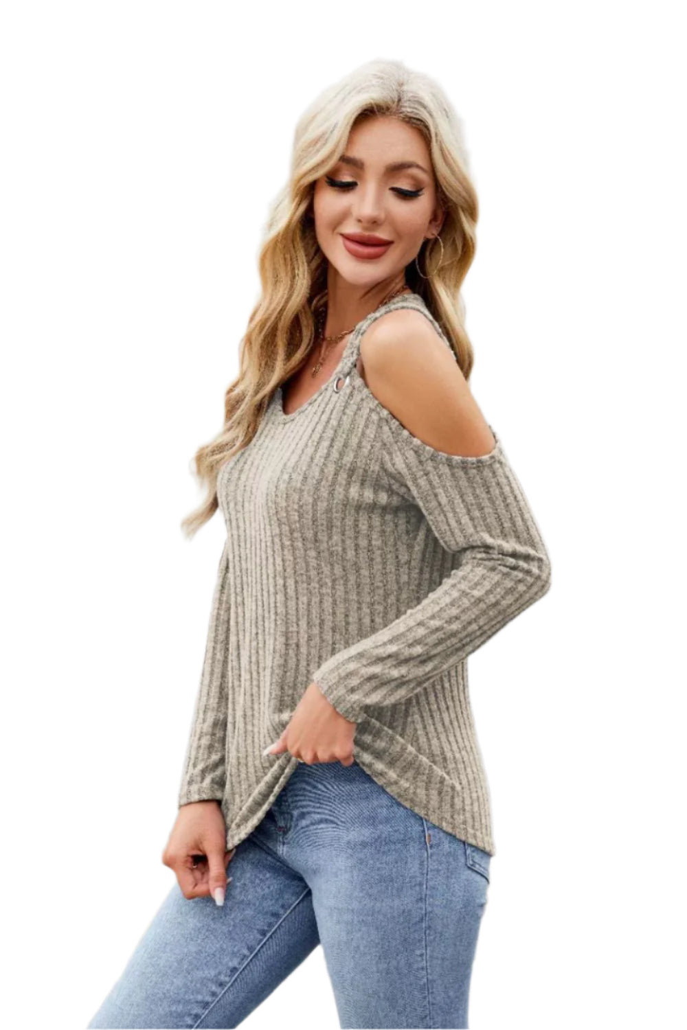 Ribbed Cold Shoulder Long Sleeve Top