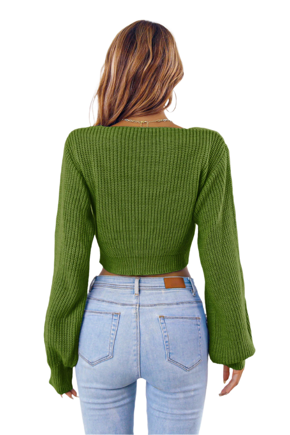 Bow V-Neck Long Sleeve Cropped Sweater