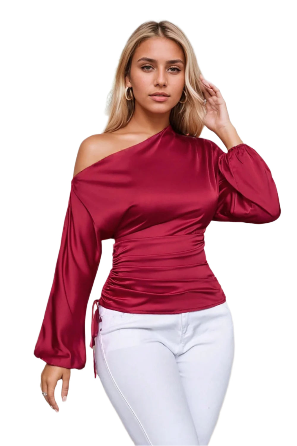Drawstring One Shoulder Long Sleeve Blouse