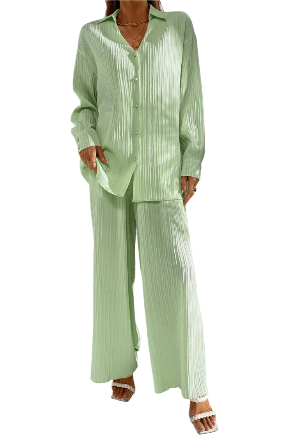 Johnny Collar Button Down Top and Pants Set