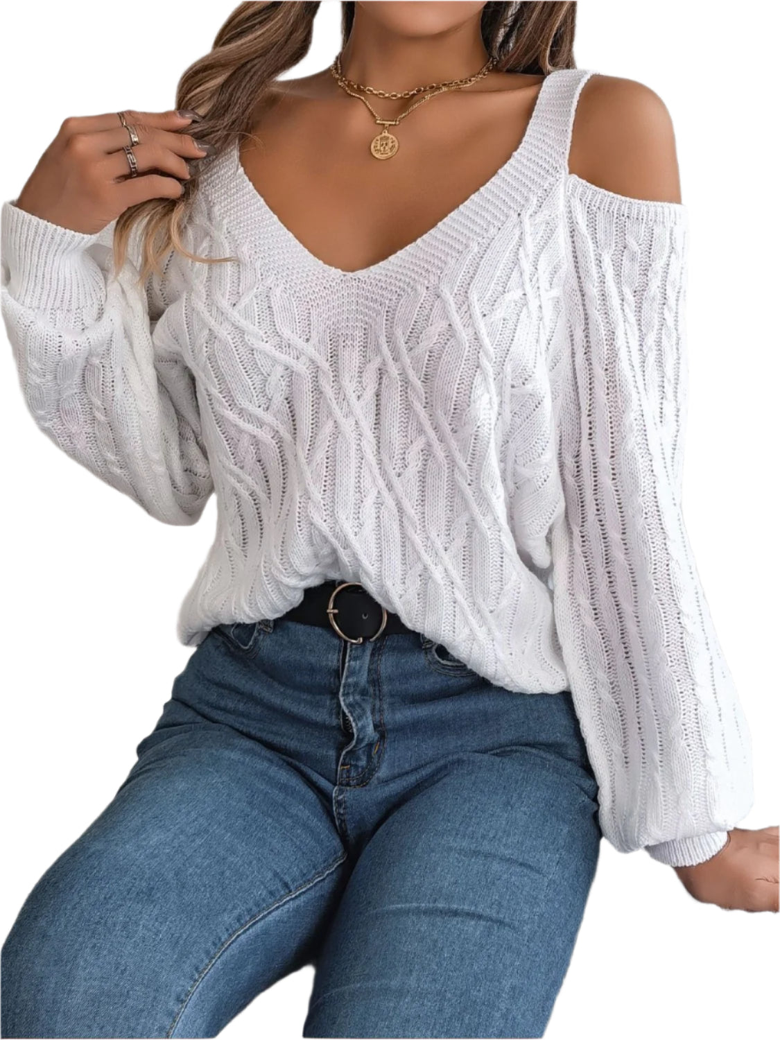 Cable-Knit Cold Shoulder Long Sleeve Sweater