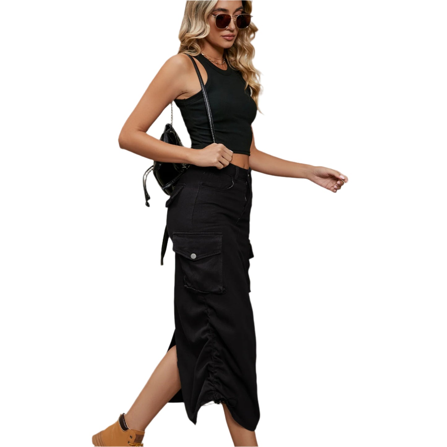 Drawstring Ruched Slit Denim Midi Skirt