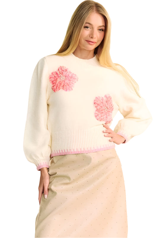 Davi & Dani Flower Patch Fuzzy Mock Neck Sweater