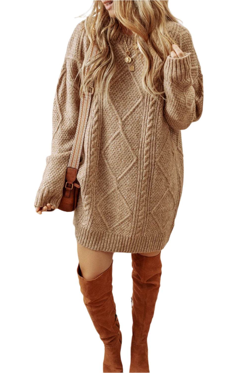 Cable-Knit Round Neck Sweater Dress