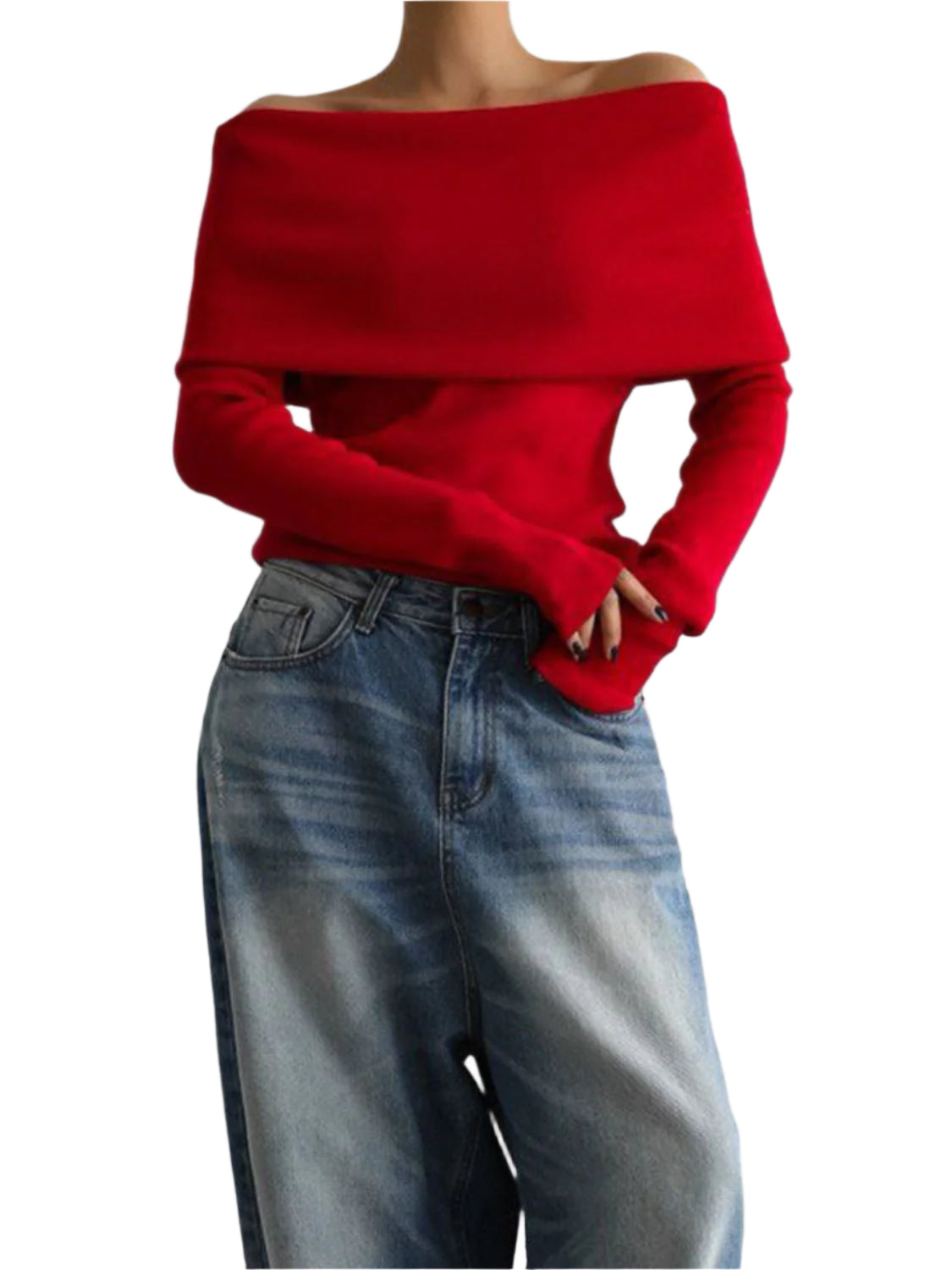 Off-Shoulder Long Sleeve Knit Top