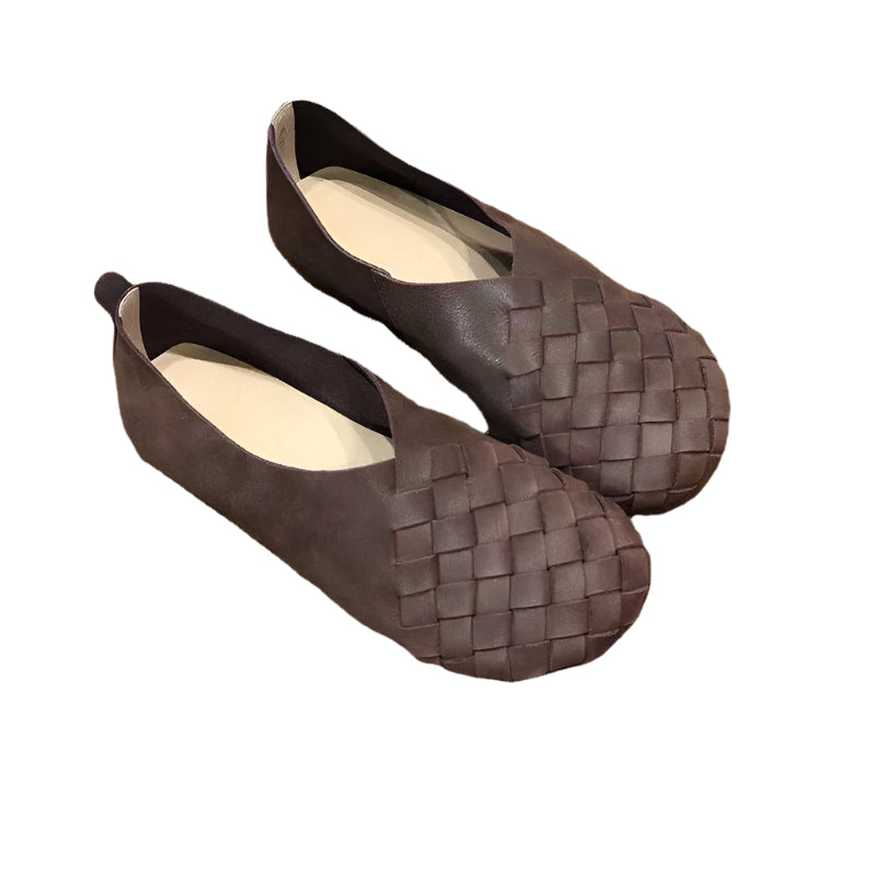 Round Toe Woven Cowhide Leather Flat Shoes