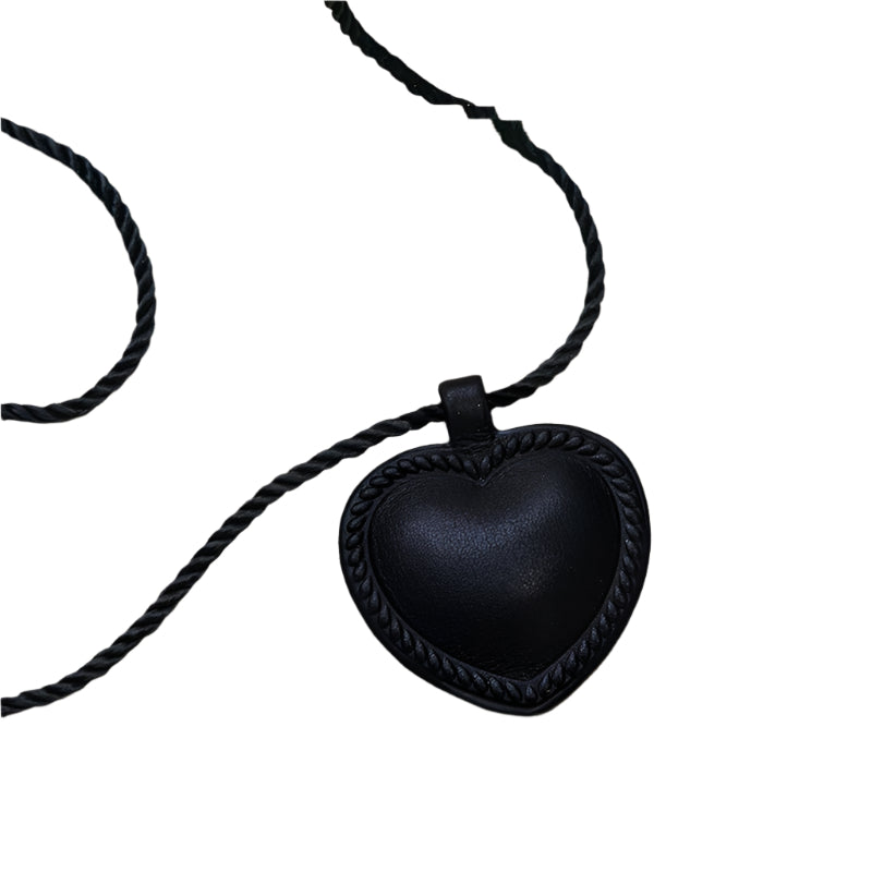 Cowhide Black Leather Heart Pendant Necklace