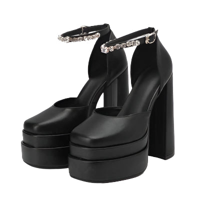Satin Square Toe Rhinestone with Sheepskin Platform Heels